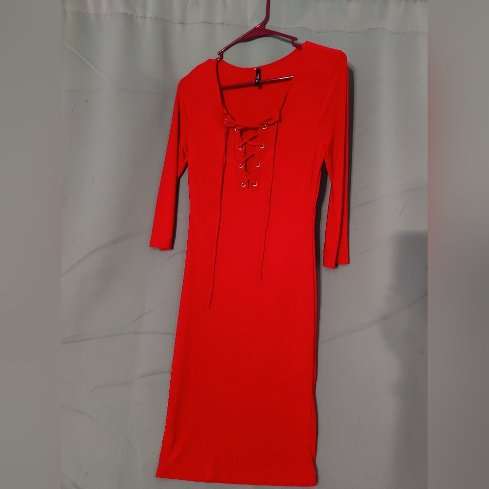 **SOLD** Red Plunge Neckline, Form-Fitting Dress